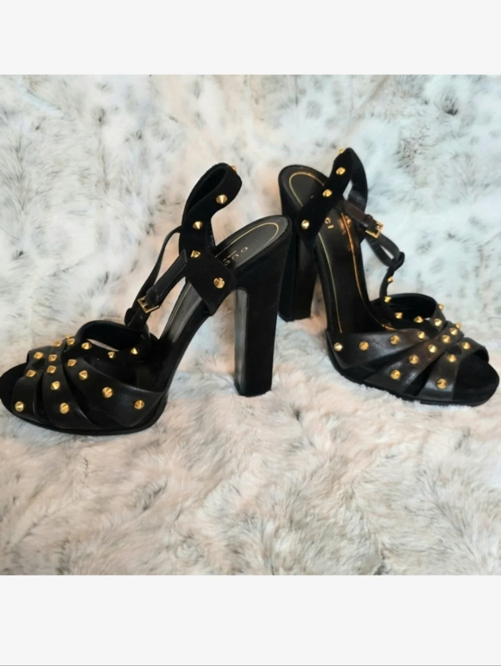 Elegant Gucci Black Leather and Gold Studded Women's Heels